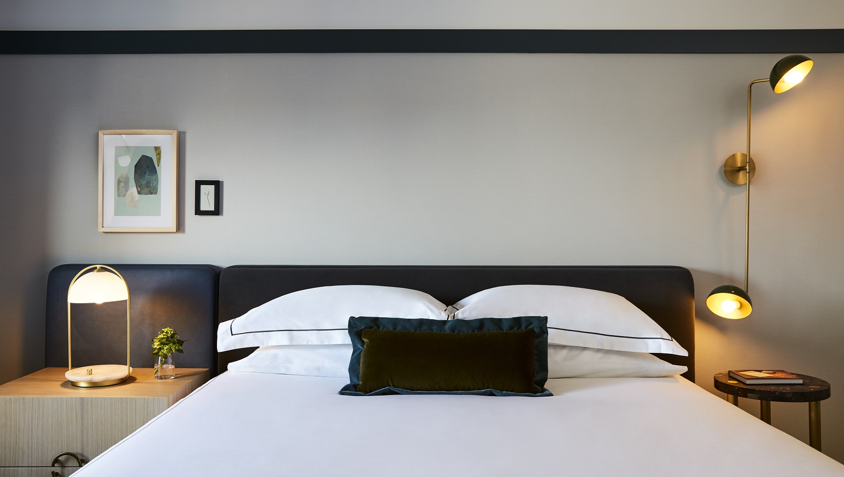 Bedroom, Art, green velvet pillow, black headboard, White Frette Sheets