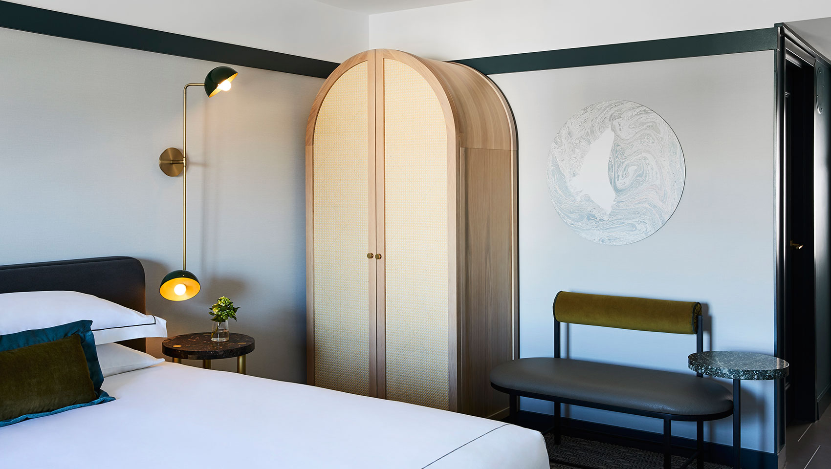 Hotel guestroom, king bed, light brown Armoire